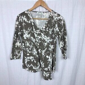 Orvis Women's Printed Faux Wrap Shirt 3/4 Sleeve V Neck 100% Cotton Size XS